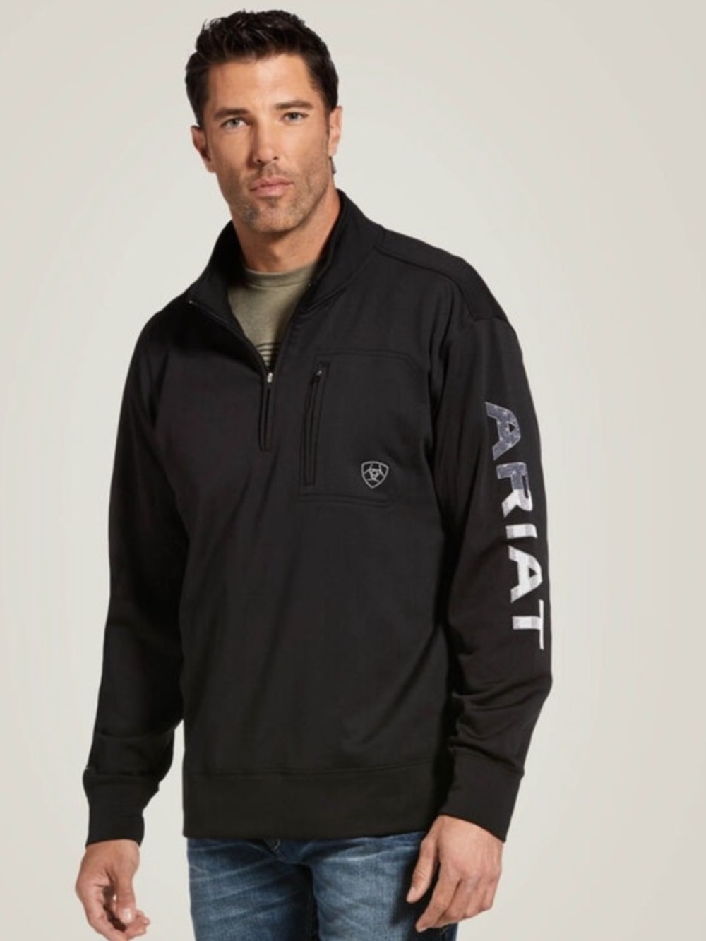 Ariat Sweatshirt/Pullover 1/4 Zip Mens M Black Embroidered Logo USA Flag